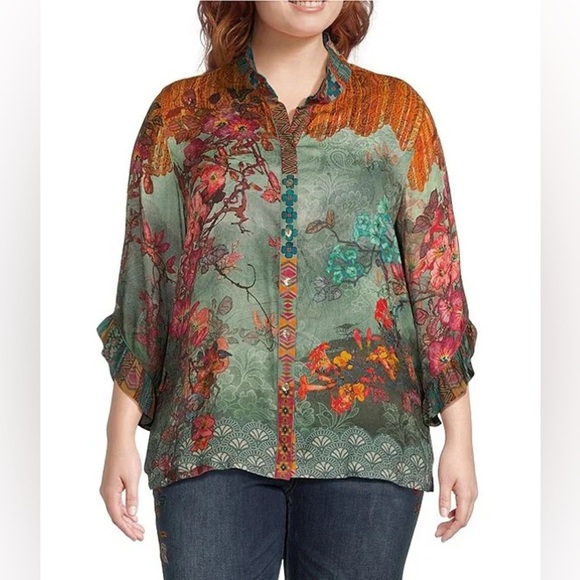 NEW JOHN MARK Japanese Floral Print 3/4 Ruffled Sleeve Top Size 2X - Picture 1 of 8